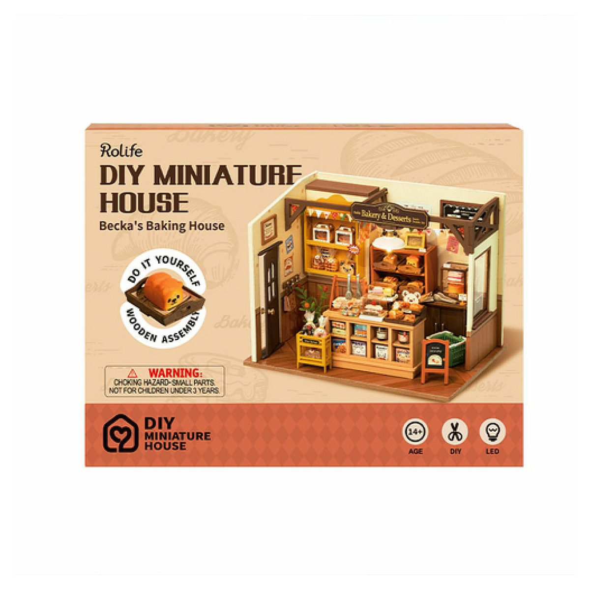 Embalaje de una casa miniatura DIY de Rolife con temática de panadería, montaje en madera y estantes con pan.