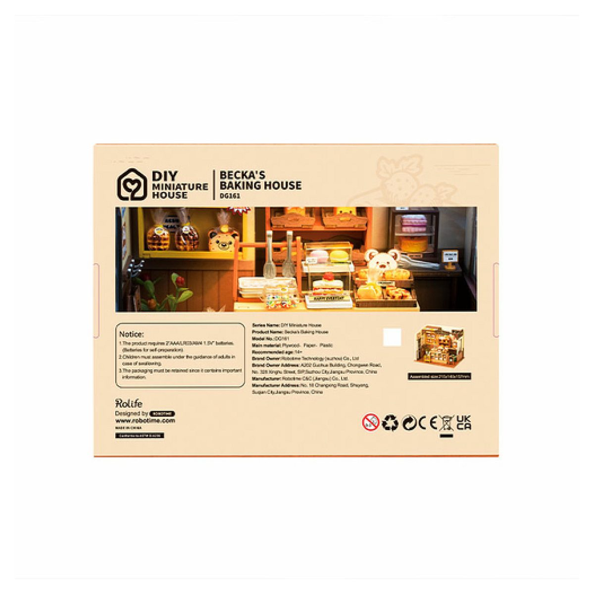 Empaque para un kit de panadería miniatura DIY llamado Becka's Baking House, mostrando detalles del producto y un modelo.