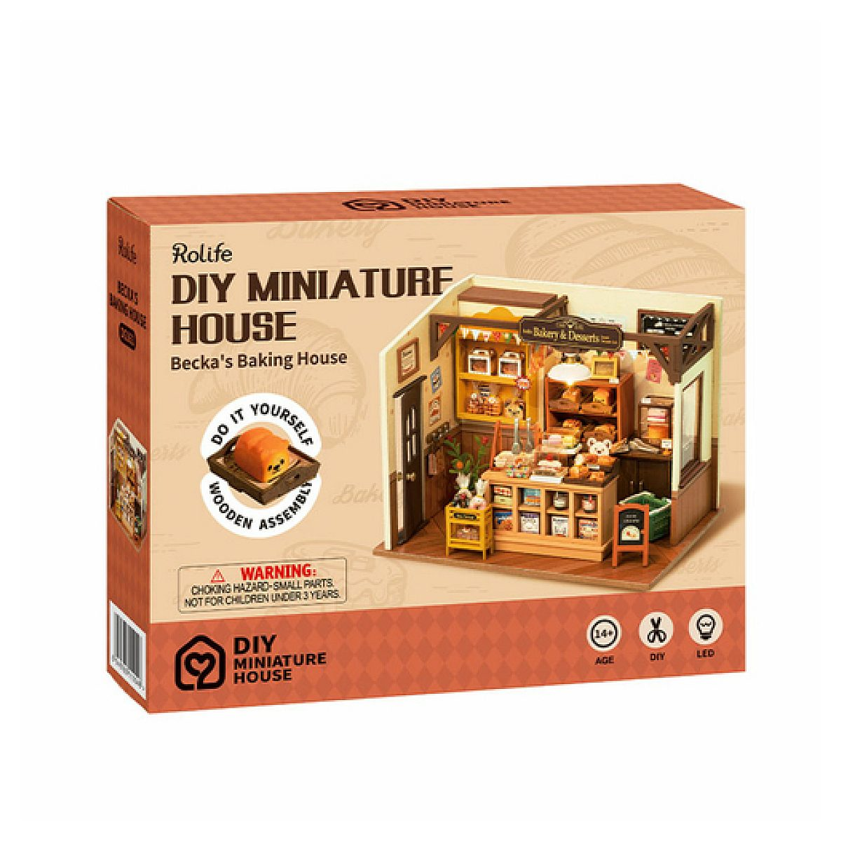 Embalaje para un kit de casa en miniatura DIY, que muestra el modelo de la panadería de Becka con estantes y muebles.
