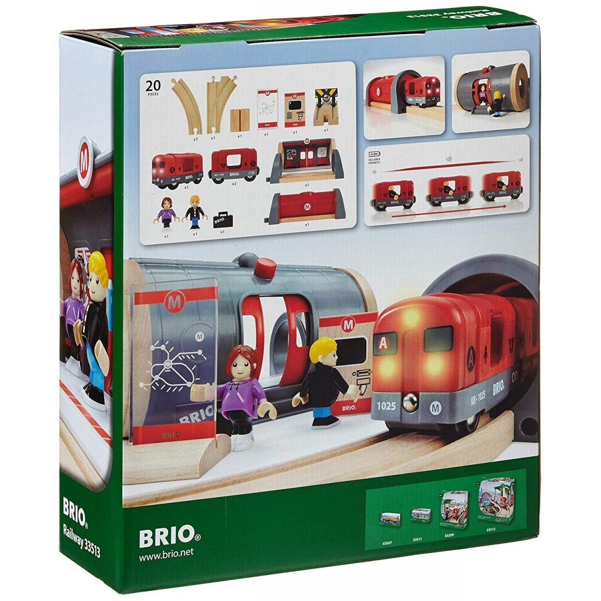 Brio Holzeisenbahn Set 33513 Verpackung mit rotem Zug, Tunnel und Figuren.