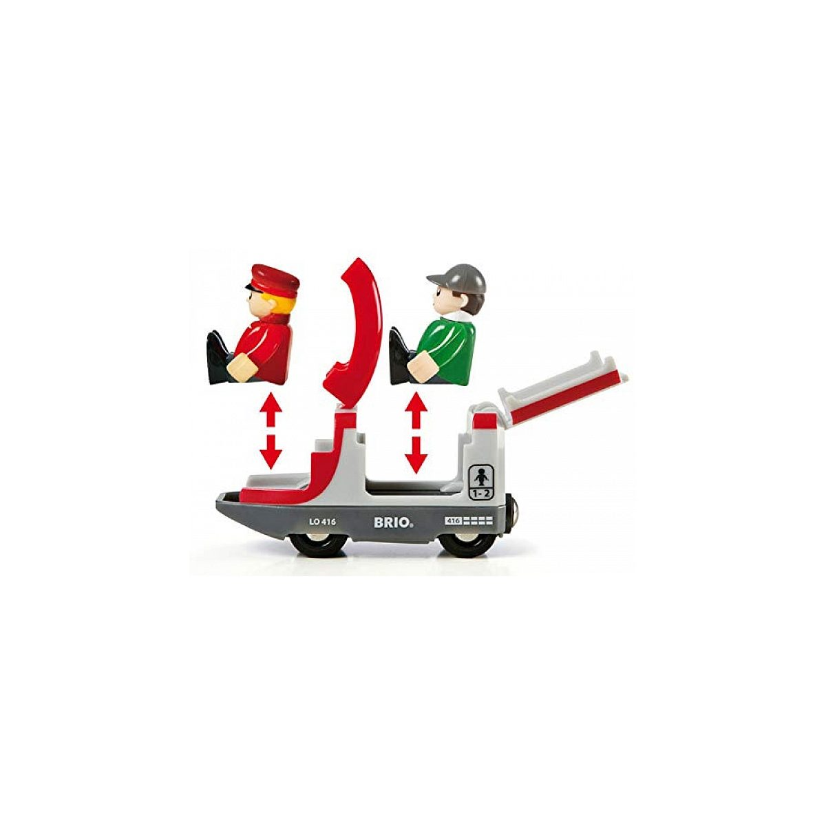 Brio Spielzeugzug aus Holz mit zwei Figuren und roten Pfeilen, die das Einsetzen zeigen.