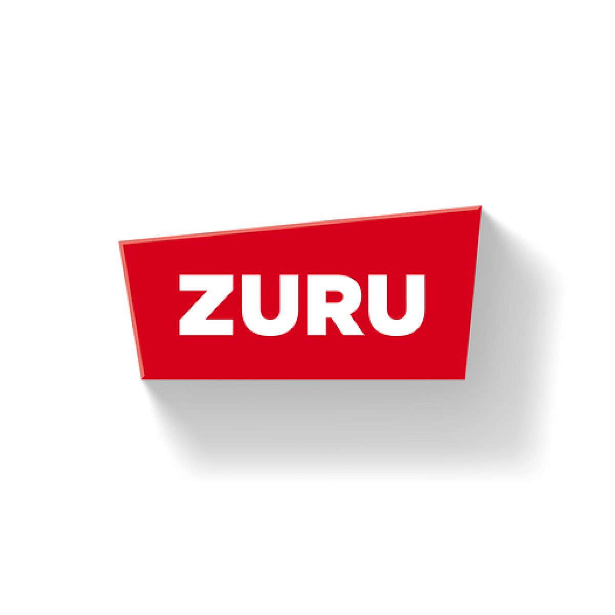 Das ZURU-Logo zeigt weiße Großbuchstaben in einem schrägen roten Trapez vor einem schlichten weißen Hintergrund.