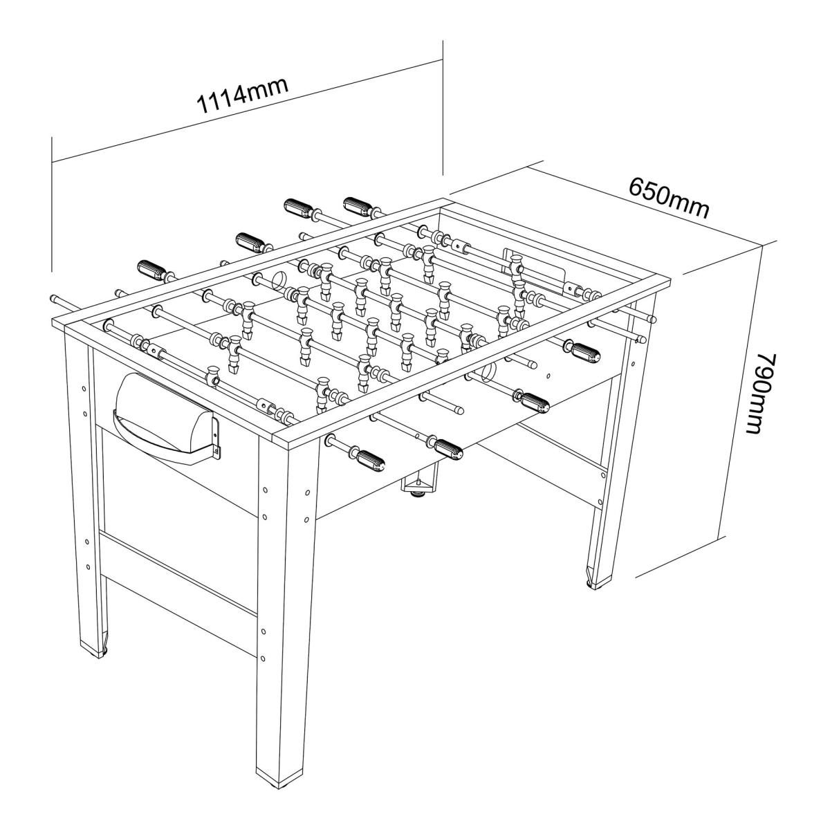 Strichzeichnung eines Kickerstisches mit Maßen von 1114 mm Länge, 650 mm Breite und 790 mm Höhe.