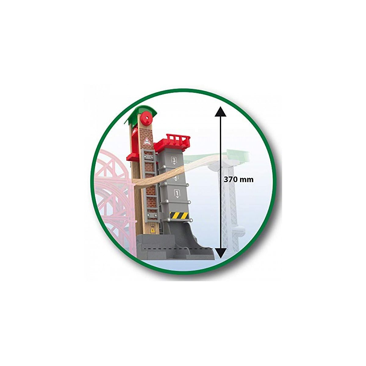 Ein hölzernes Spielzeugturm mit einer Höhe von 370 mm und integrierten Schienen.