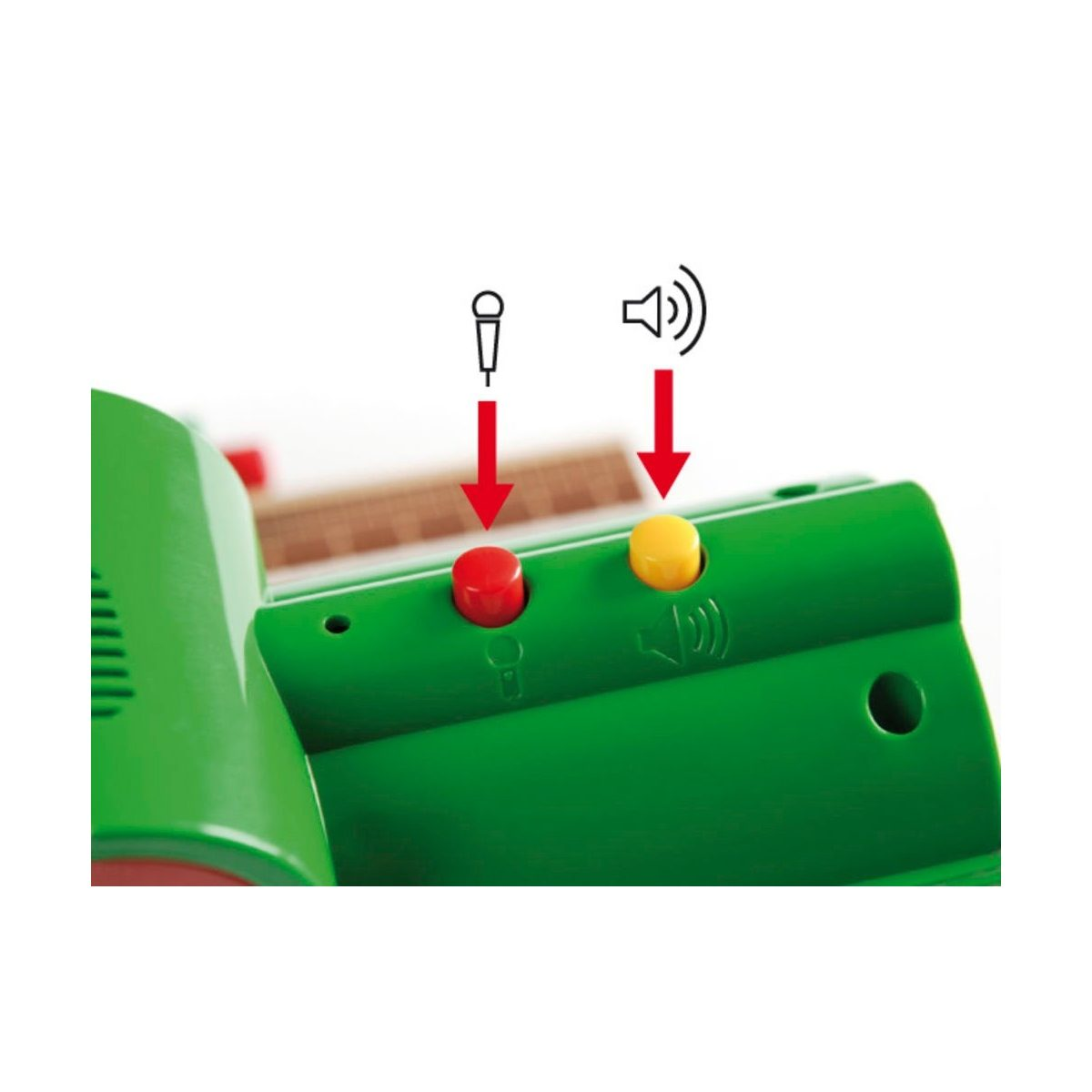 Grünes Spielzeug mit rotem und gelbem Knopf, gekennzeichnet durch Mikrofon- und Lautsprechersymbole mit roten Pfeilen.