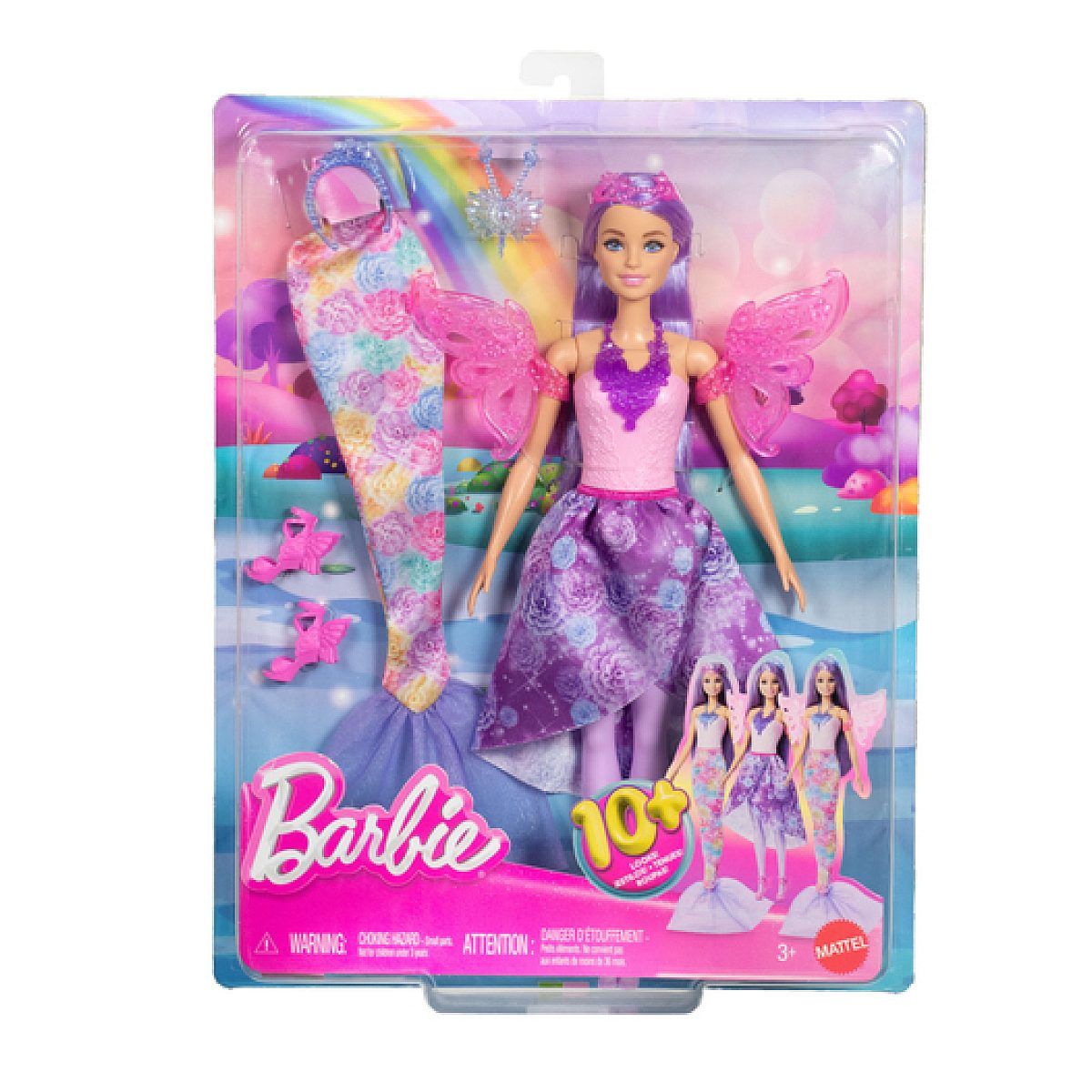 Barbie-Puppe in Verpackung mit lila Haaren, Feenflügeln, Meerjungfrauen-Schwanz und Zubehör vor Regenbogenkulisse.