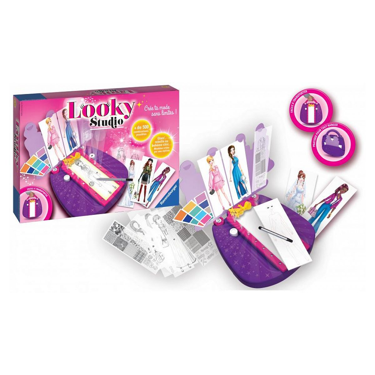 Looky Studio Spielset mit violettem Zeichentisch, Stiften, Modeschablonen und bunten Vorlagekarten.