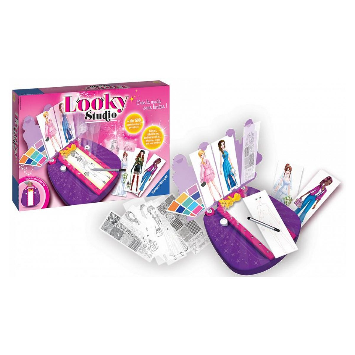 Looky Studio Spielset mit violettem Maltisch, Zeichenvorlagen, Stiften und farbiger Verpackung.