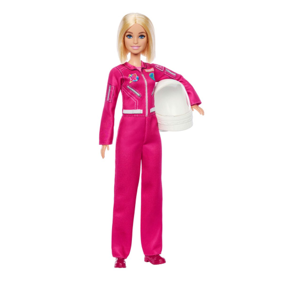 Una muñeca Barbie rubia con un traje espacial rosa y sosteniendo un casco blanco.