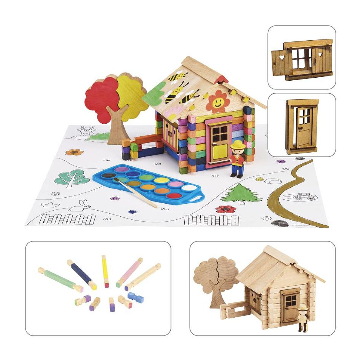 Eine bunte Holzhütte mit Wassermalfarben, Pinsel, Baum, Spielmatte und Zubehörteilen.