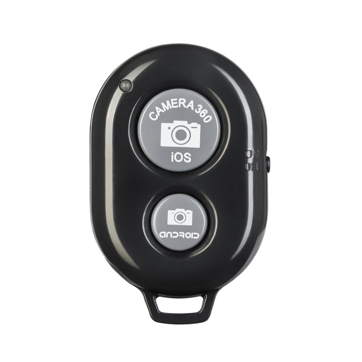Eine schwarze drahtlose Kamera-Fernbedienung mit zwei grauen Tasten für iOS und Android vor weißem Hintergrund.