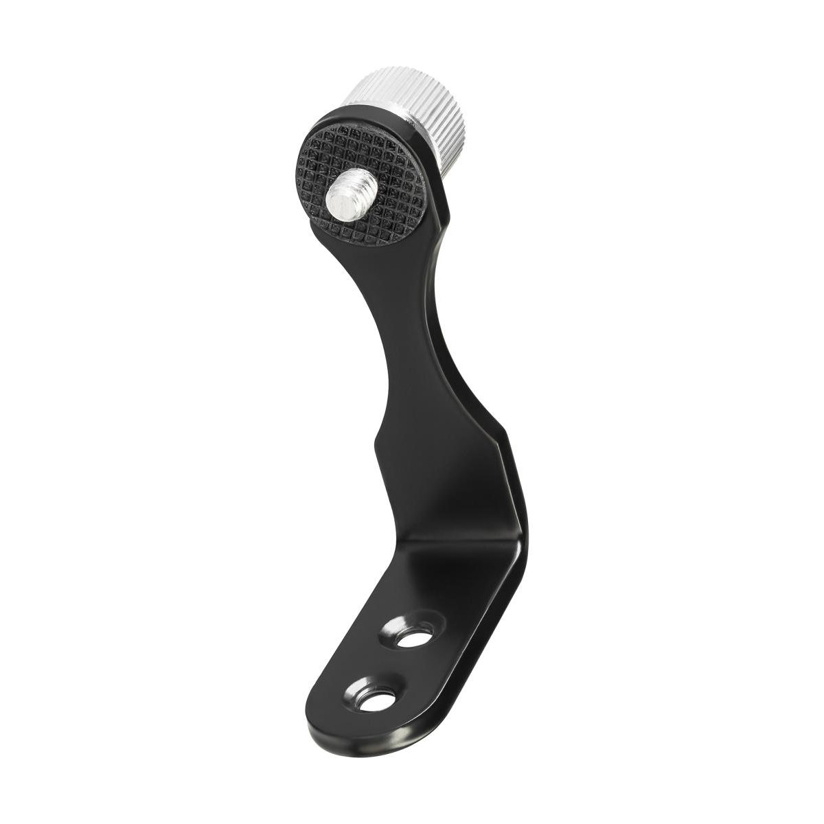 Eine schwarze Metallhalterung mit strukturierter Gummiauflage und Silberschraube.