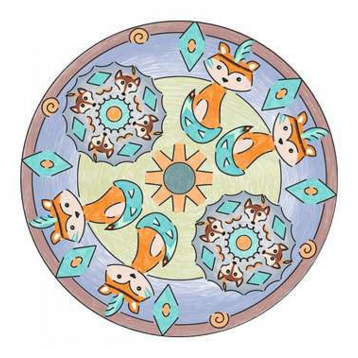 Ein farbiges kreisrundes Mandala mit stilisierten Füchsen, Blumenmustern und geometrischen Rauten in Pastelltönen.