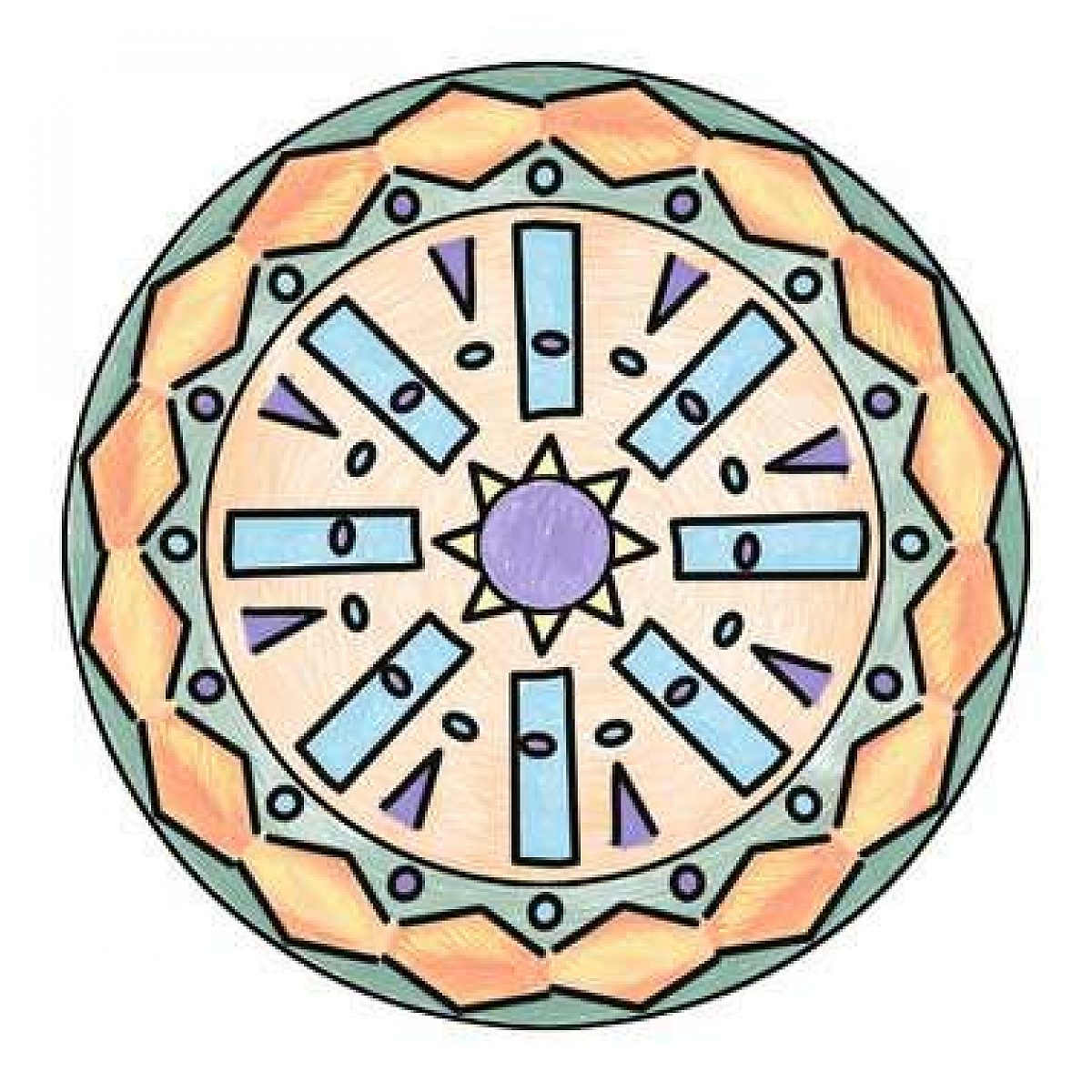 Ein buntes Mandalamuster mit geometrischen Formen in Pastellfarben, zentriert auf lilafarbenem Kreis.