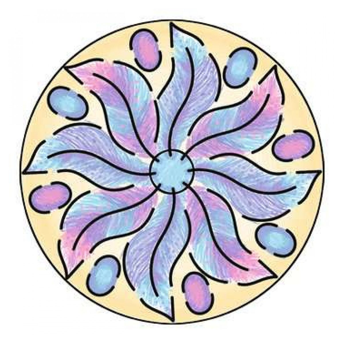 Ein kreisrundes Mandolendesign zeigt wirbelnde blau-rosa federartige Blütenblätter um einen blauen Kreis.