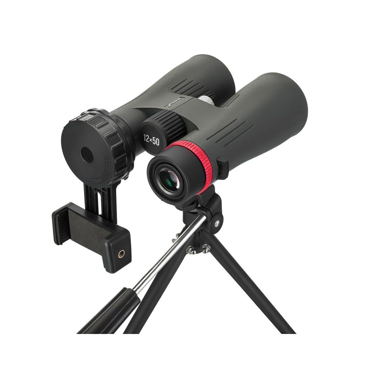 Schwarzes 12x50 Fernglas mit Smartphone-Halterung auf einem Stativ vor weißem Hintergrund.
