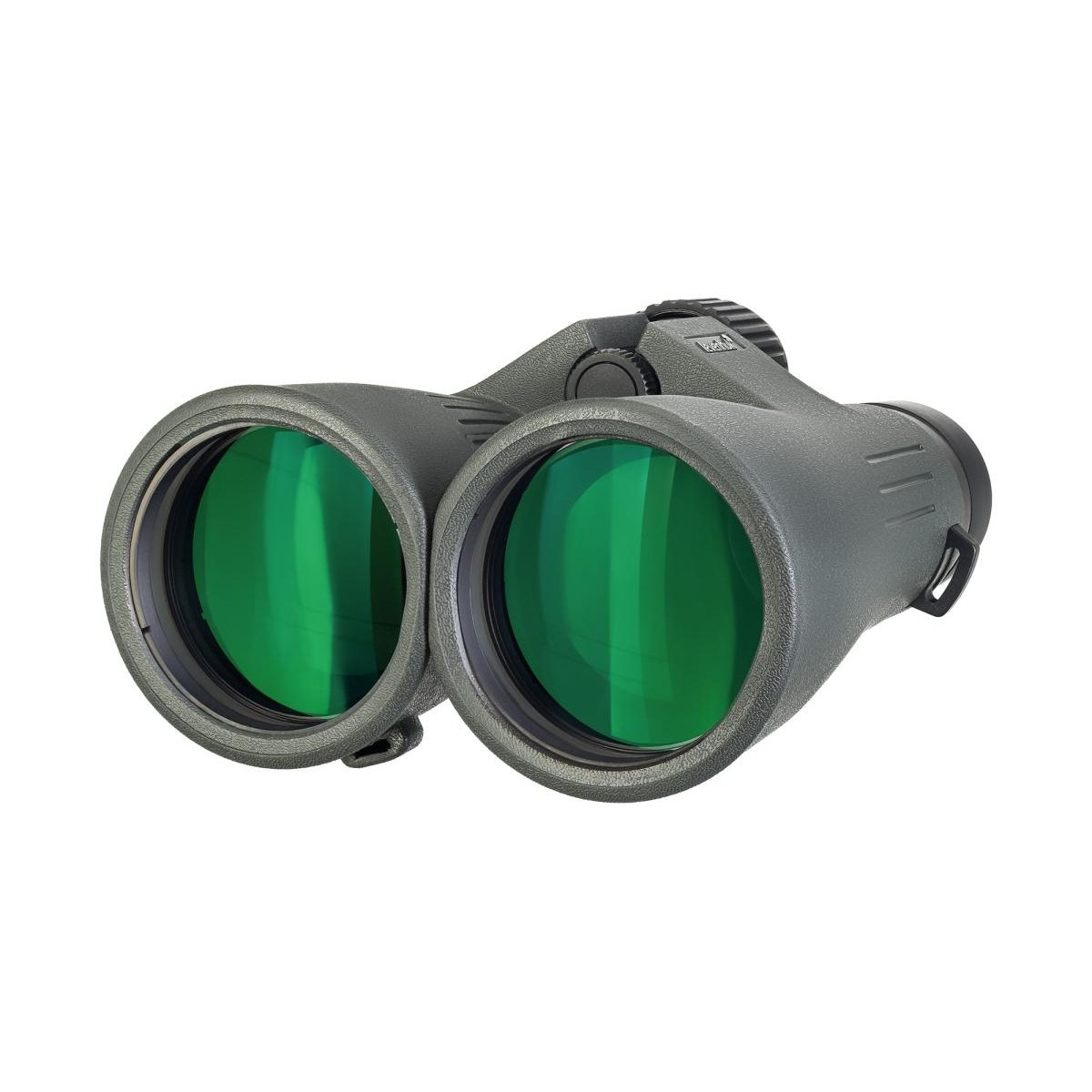 Graues Fernglas mit großen grünen Objektivlinsen vor einem hellen Hintergrund.