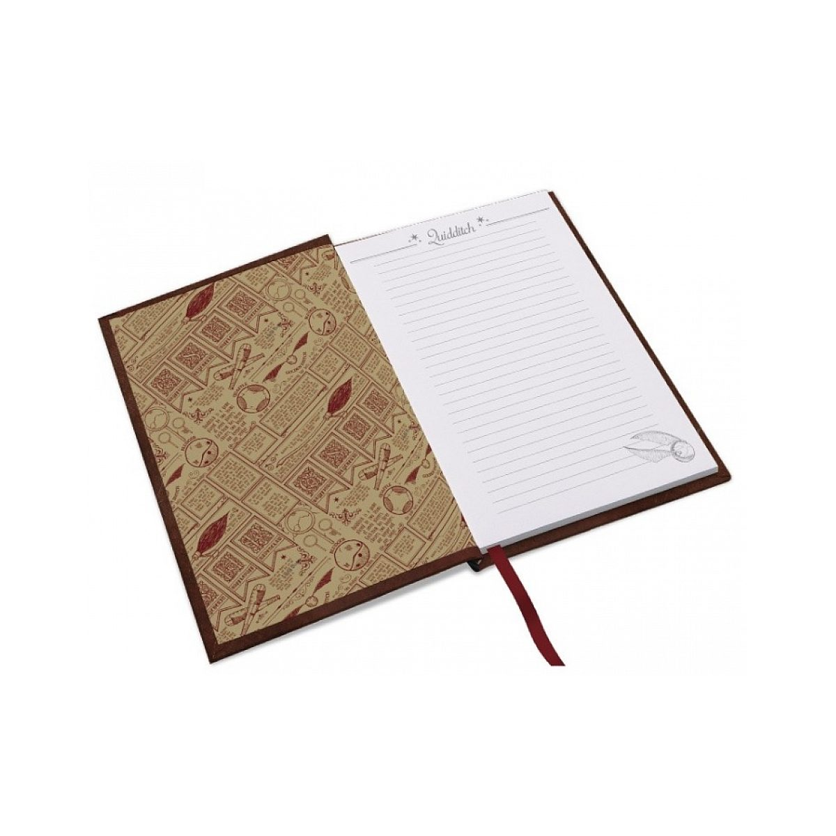 Ein offenes Notizbuch mit Quidditch-Mustern auf der Innenseite, liniert und rotem Leseband.