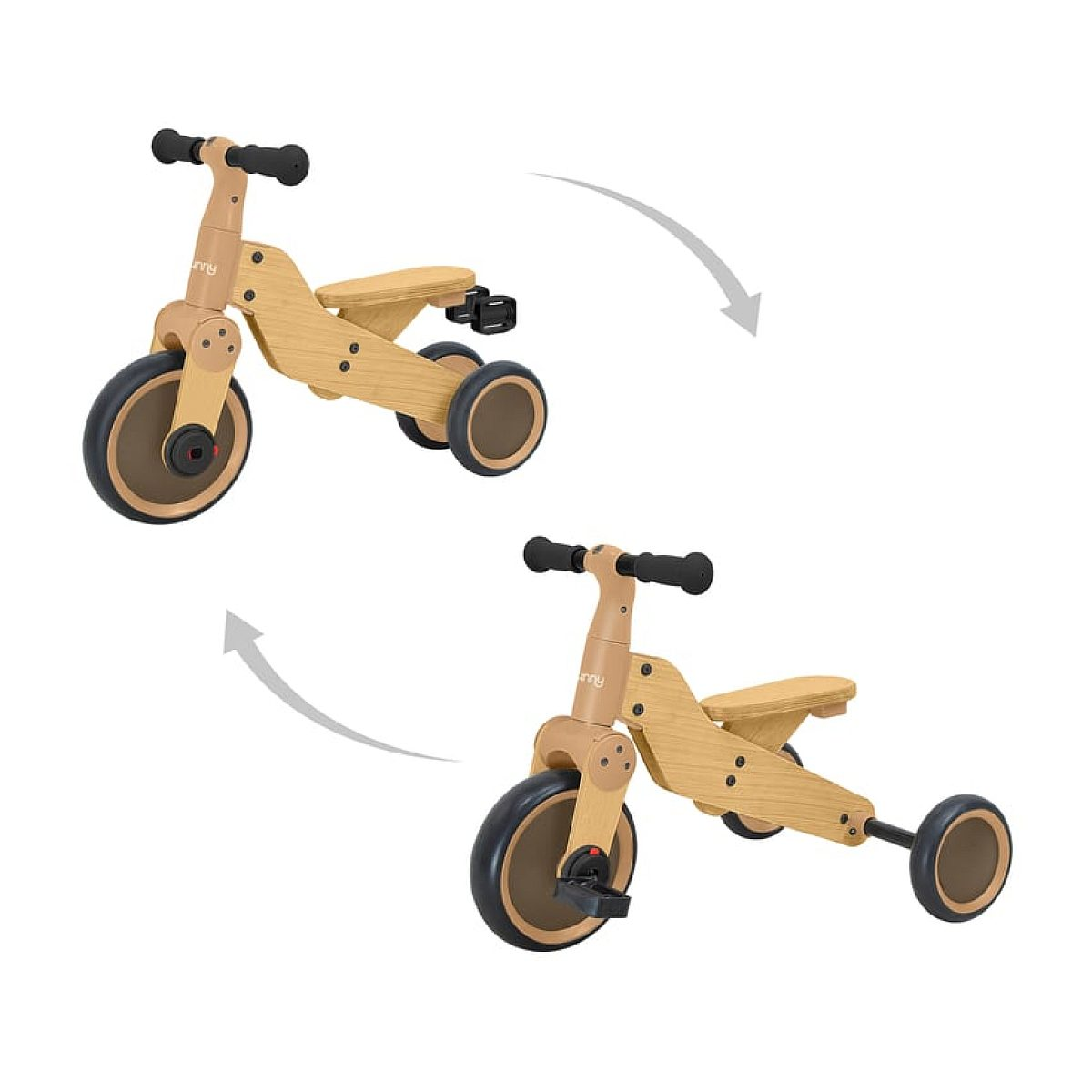 Ein hölzernes umwandelbares Kleinkinderfahrrad und Dreirad in zwei Modi, mit Pfeilen für die Transformation.