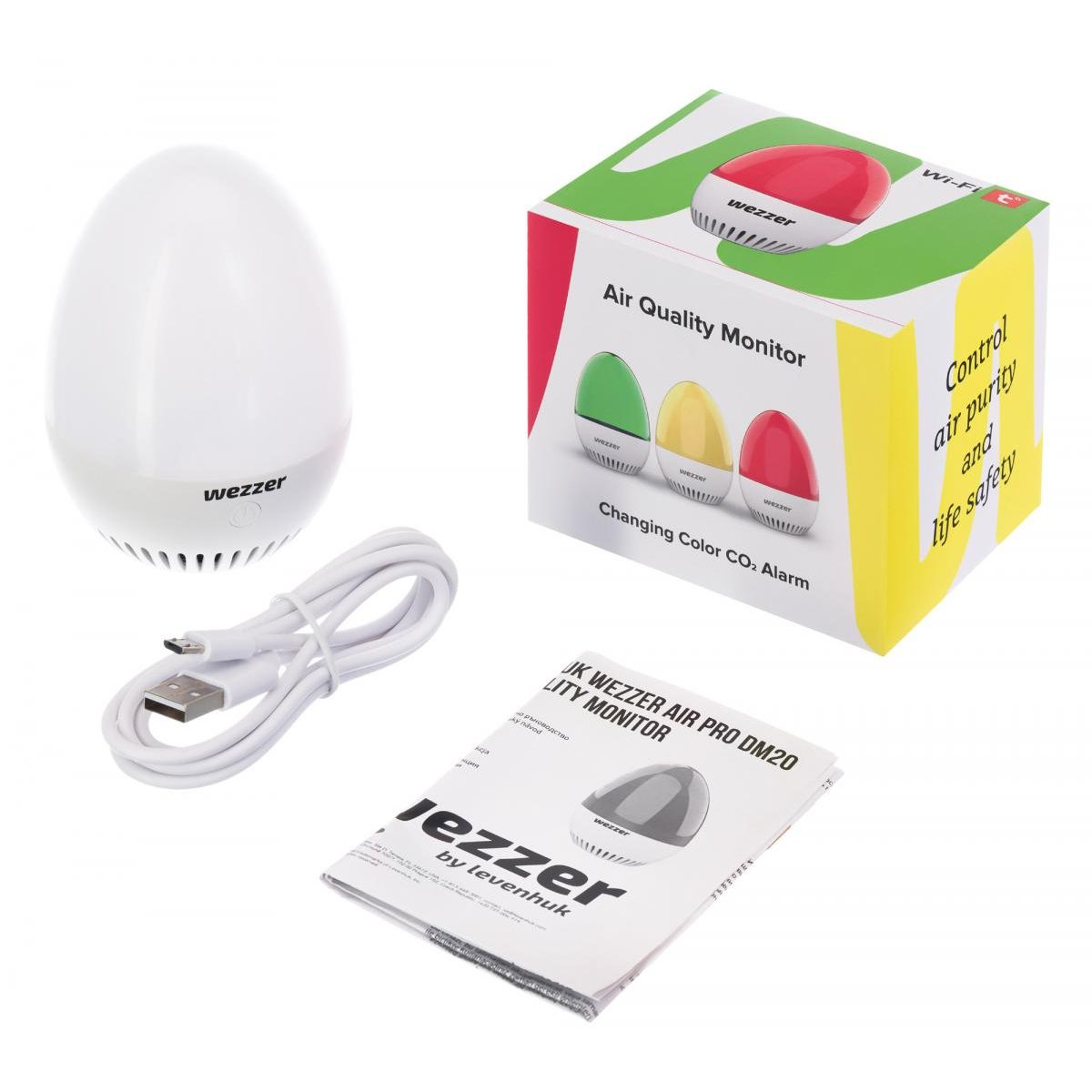 Monitor di CO2 Wezzer Air Pro DM20 a forma di uovo con cavo USB, manuale e scatola.