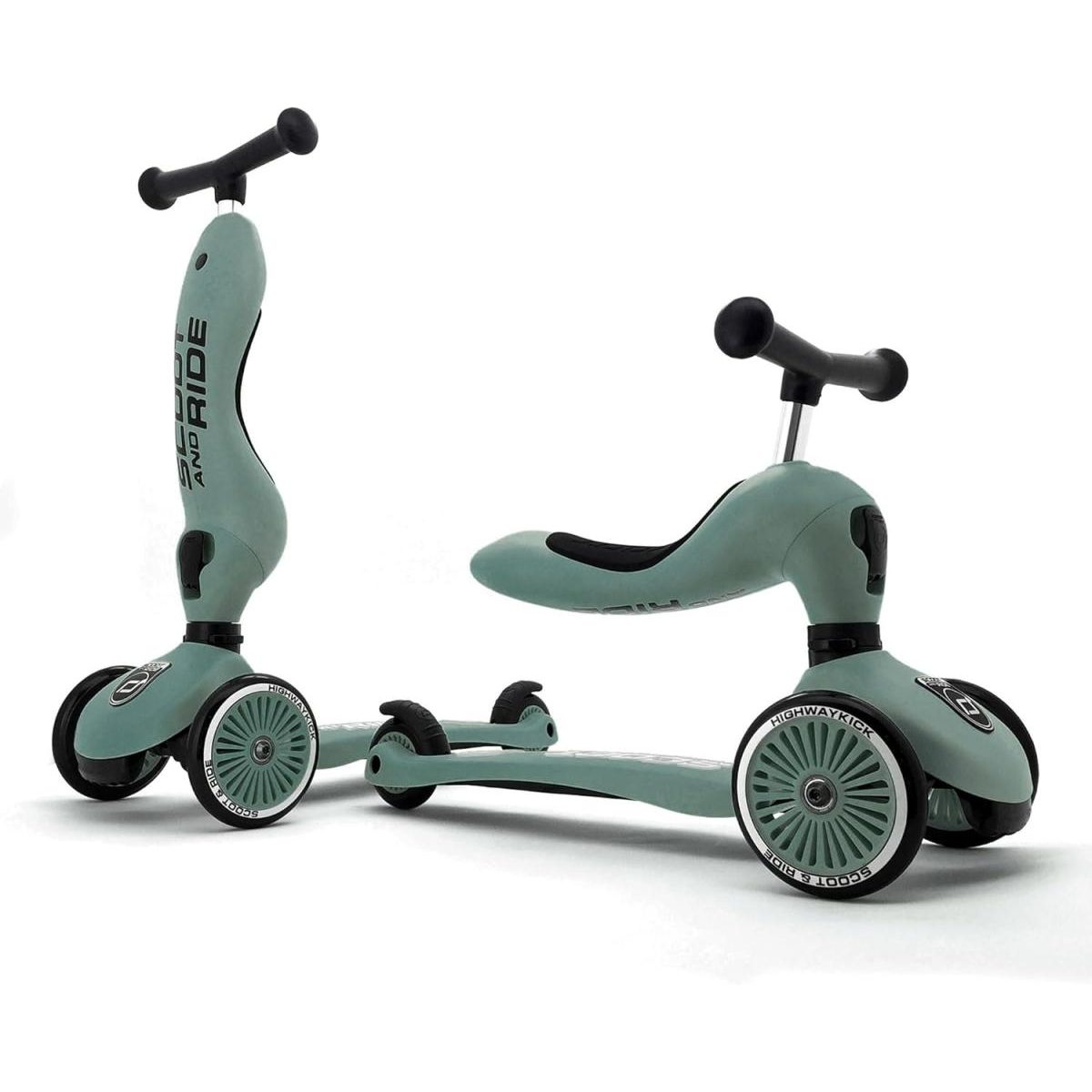 Un monopattino e cavalcabile 2 in 1 verde opaco con tre ruote nere su sfondo bianco.