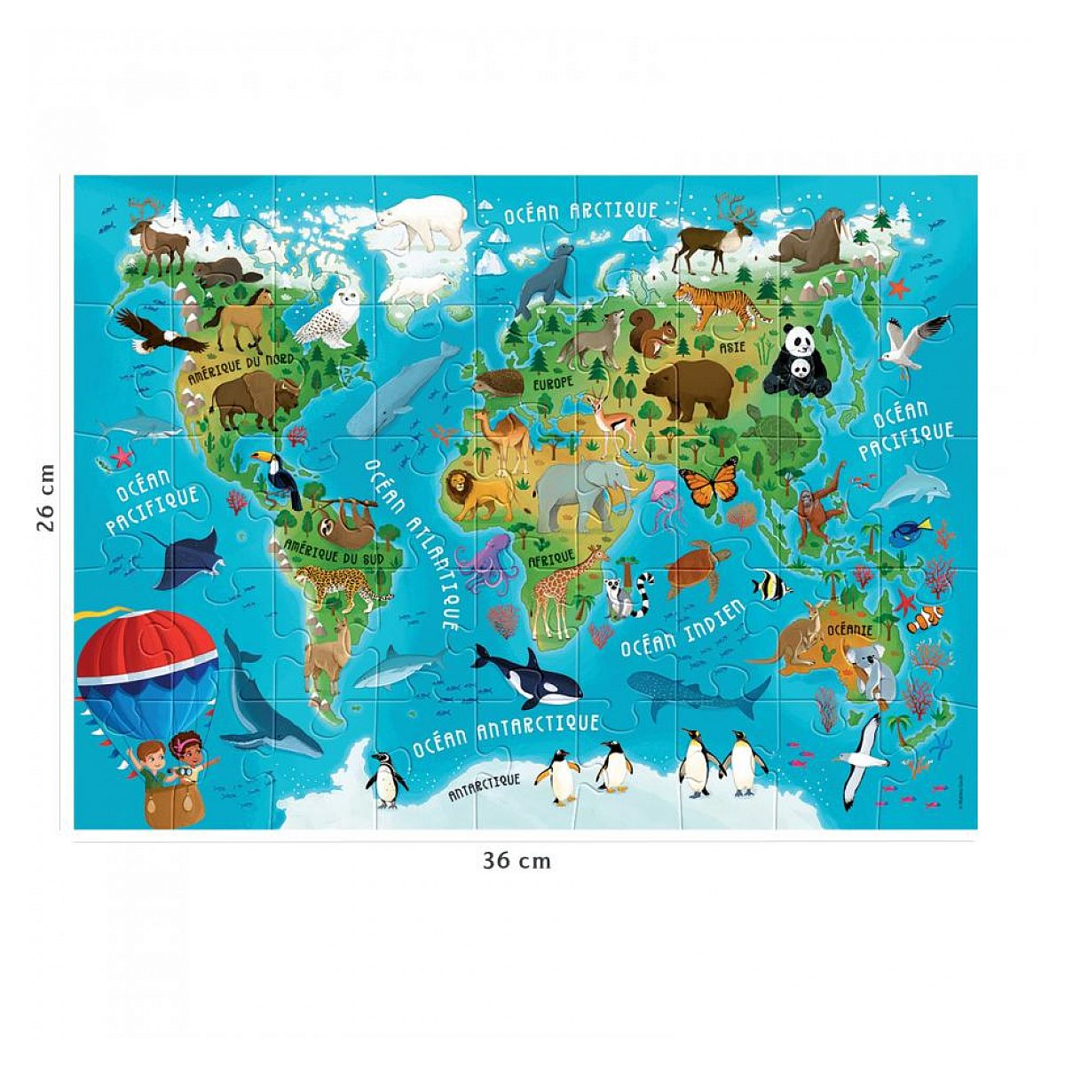 Bunte Weltkarte als Puzzle mit Kontinenten, Ozeanen und Illustrationen verschiedener Tiere in ihren Regionen.