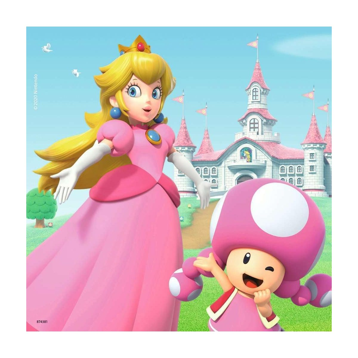 Prinzessin Peach und Toadette stehen draußen vor einem rosafarbenen Schloss.