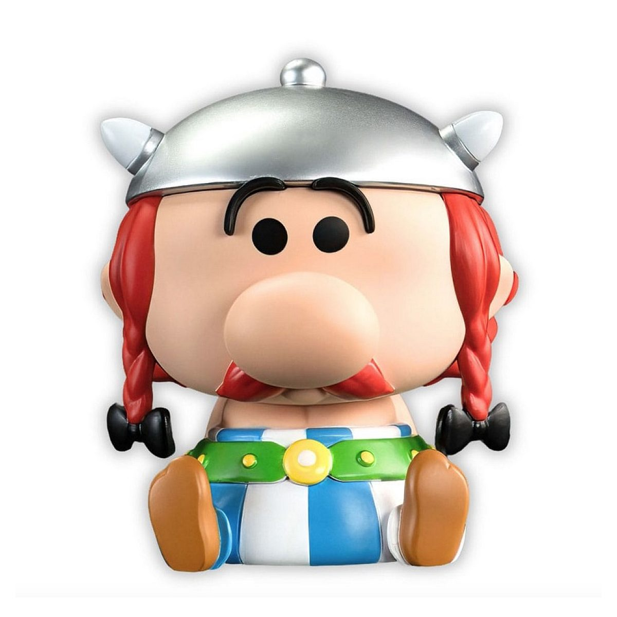 Eine Vinylfigur von Asterix mit geflügeltem Silberhelm, rotem Schnurrbart, grünem Gürtel und blau-gestreifter Hose.