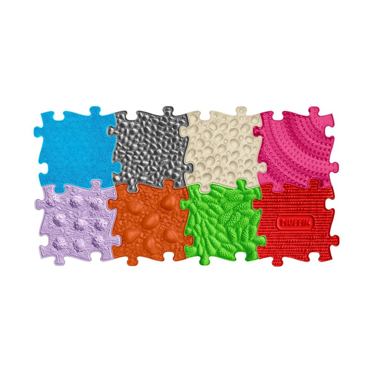 Osiem kolorowych, zazębiających się mat puzzle z różnymi teksturami i wzorami.