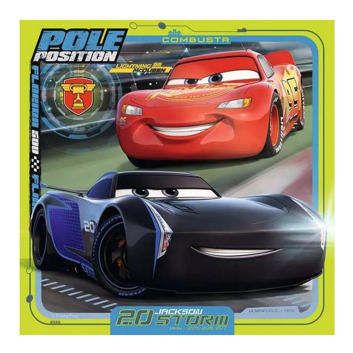 Rennwagen Lightning McQueen und Jackson Storm raced auf einer hellgrünen Karte mit dem Titel Pole Position.