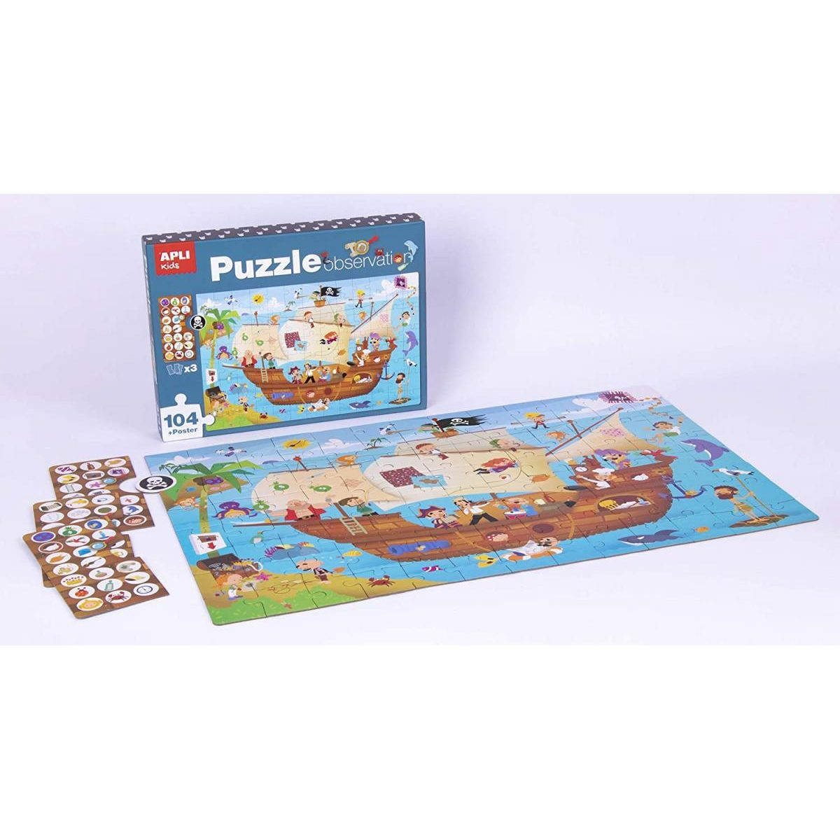 Un puzzle de observación de temática pirata con su caja, puzzle completado y fichas de búsqueda.