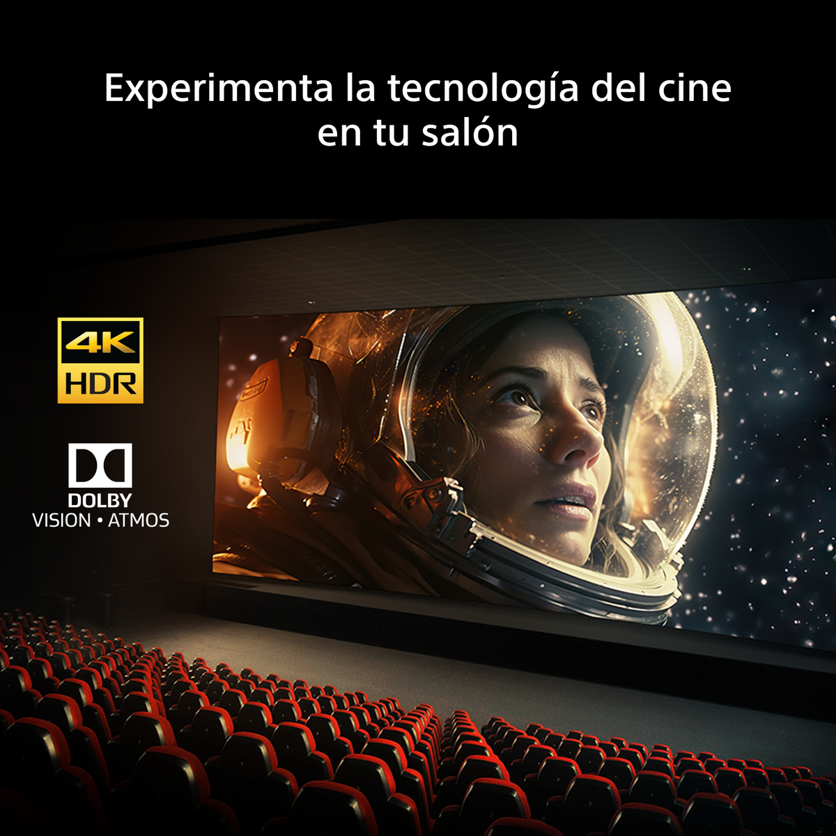 Un gran cine muestra a un astronauta en pantalla sobre asientos rojos. A la izquierda hay logos de 4K HDR y Dolby.
