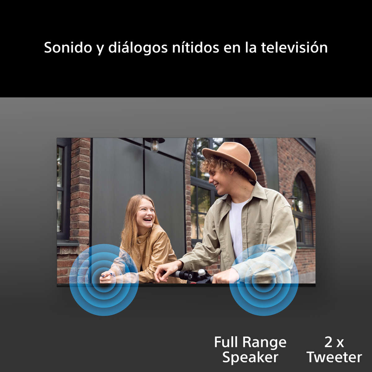 Una pareja joven sonriente en una pantalla de televisión, con iconos de ondas de sonoras azules y texto.