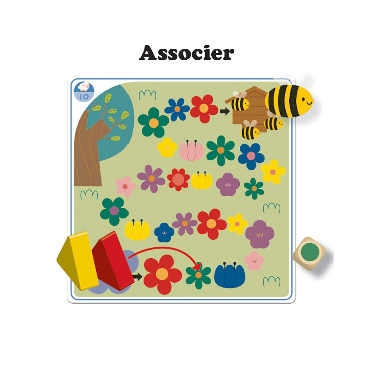 Un juego de mesa con flores coloridas, abejas y un dado de madera para niños.
