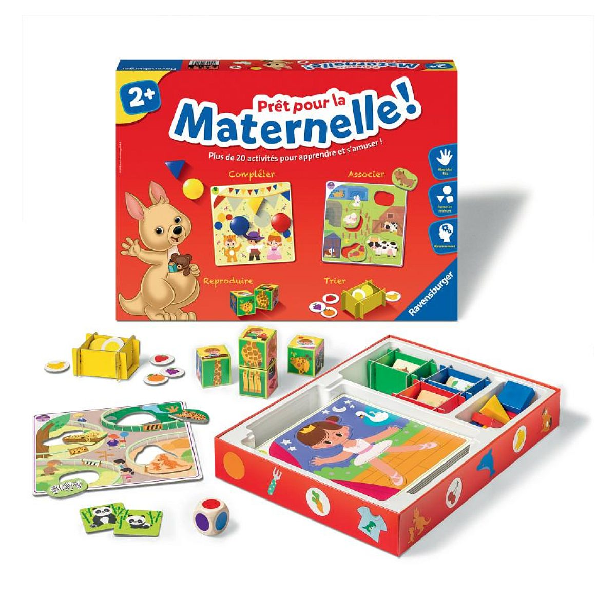 Caja de juego Ravensburger Prêt pour la Maternelle con piezas educativas, tableros y bloques para niños.