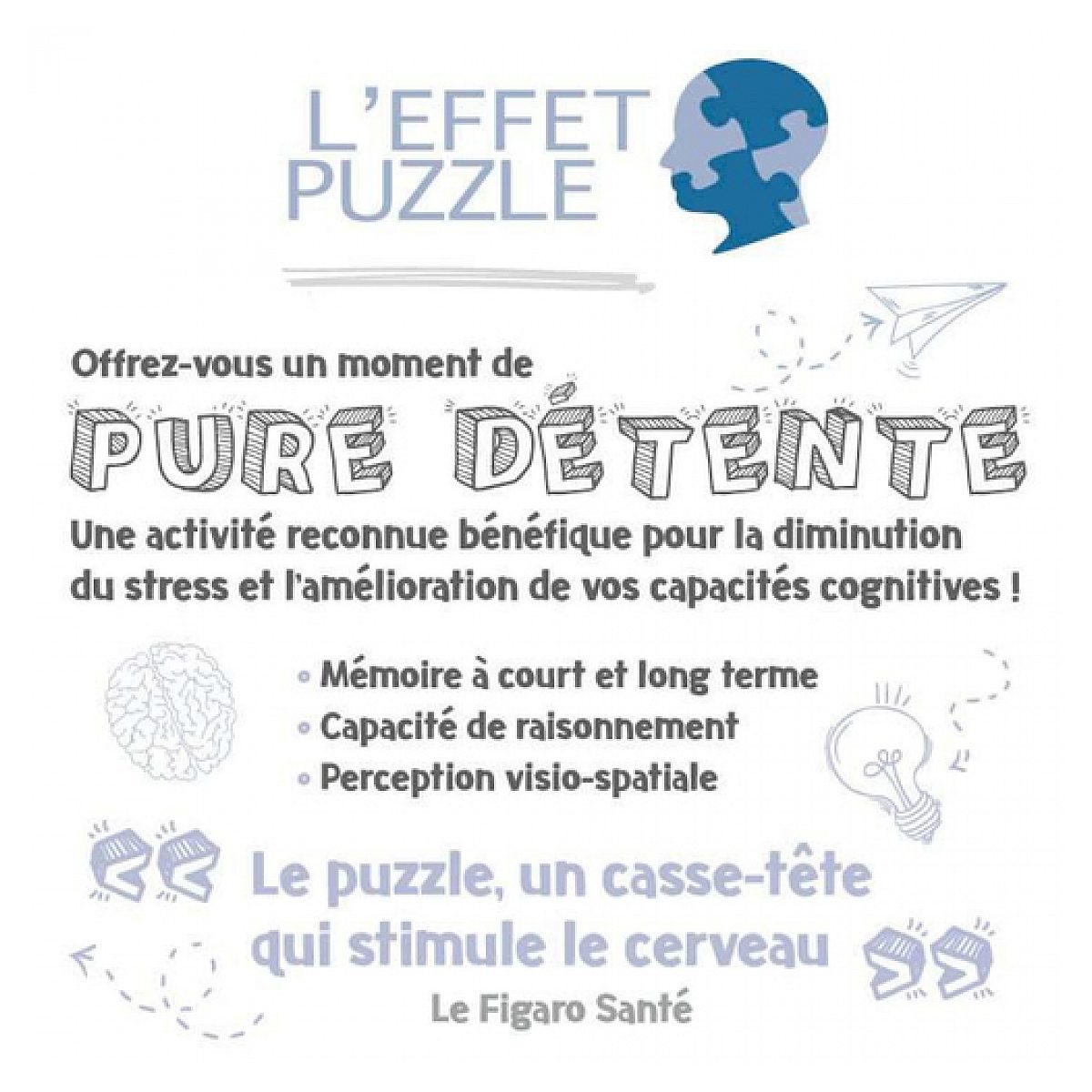 Infografik auf Französisch über die kognitiven und stressmindernden Vorteile des Lösens von Puzzles.