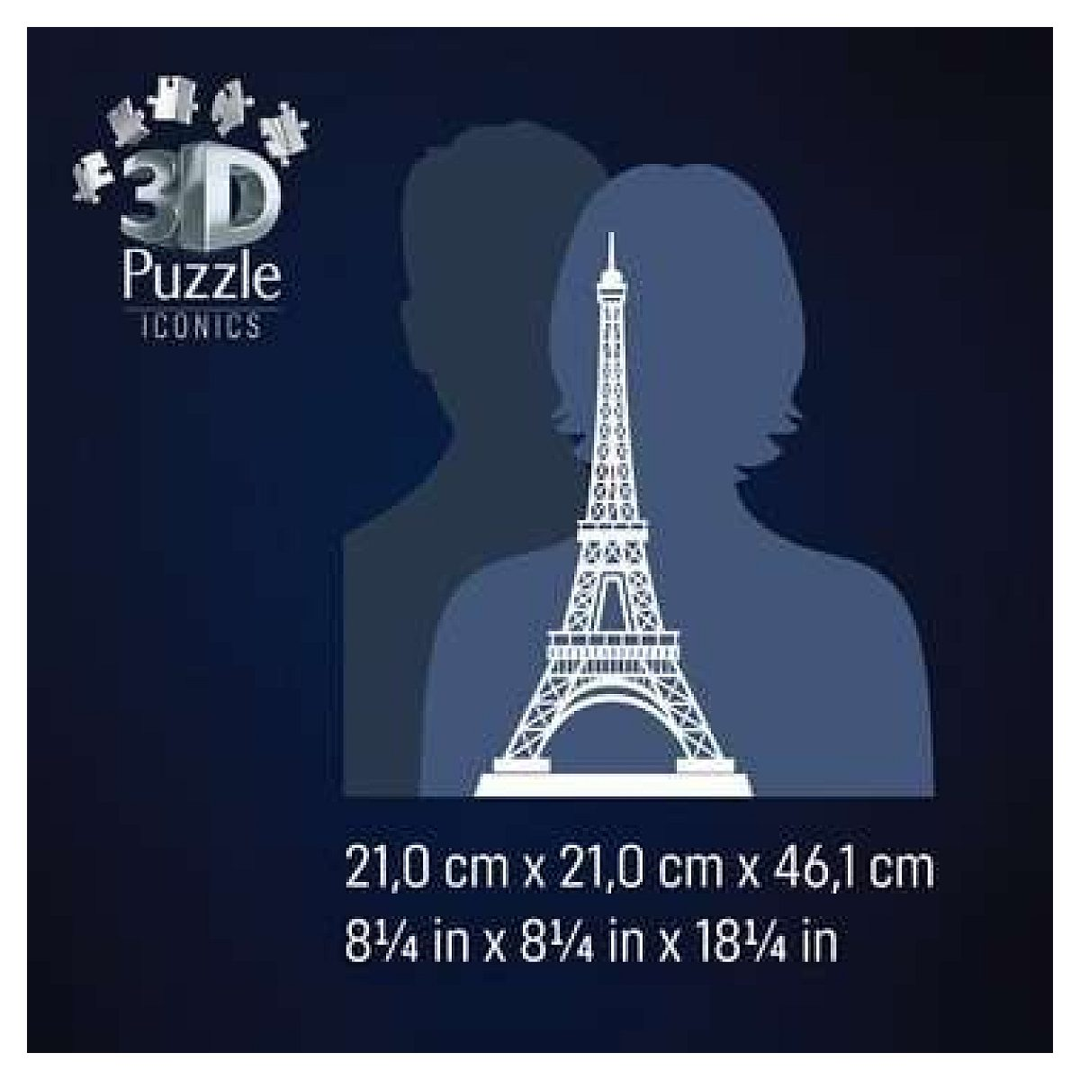 3D-Puzzle der Eiffelturm-Ikone mit Abmessungen in cm und Zoll auf dunkelblauem Hintergrund.