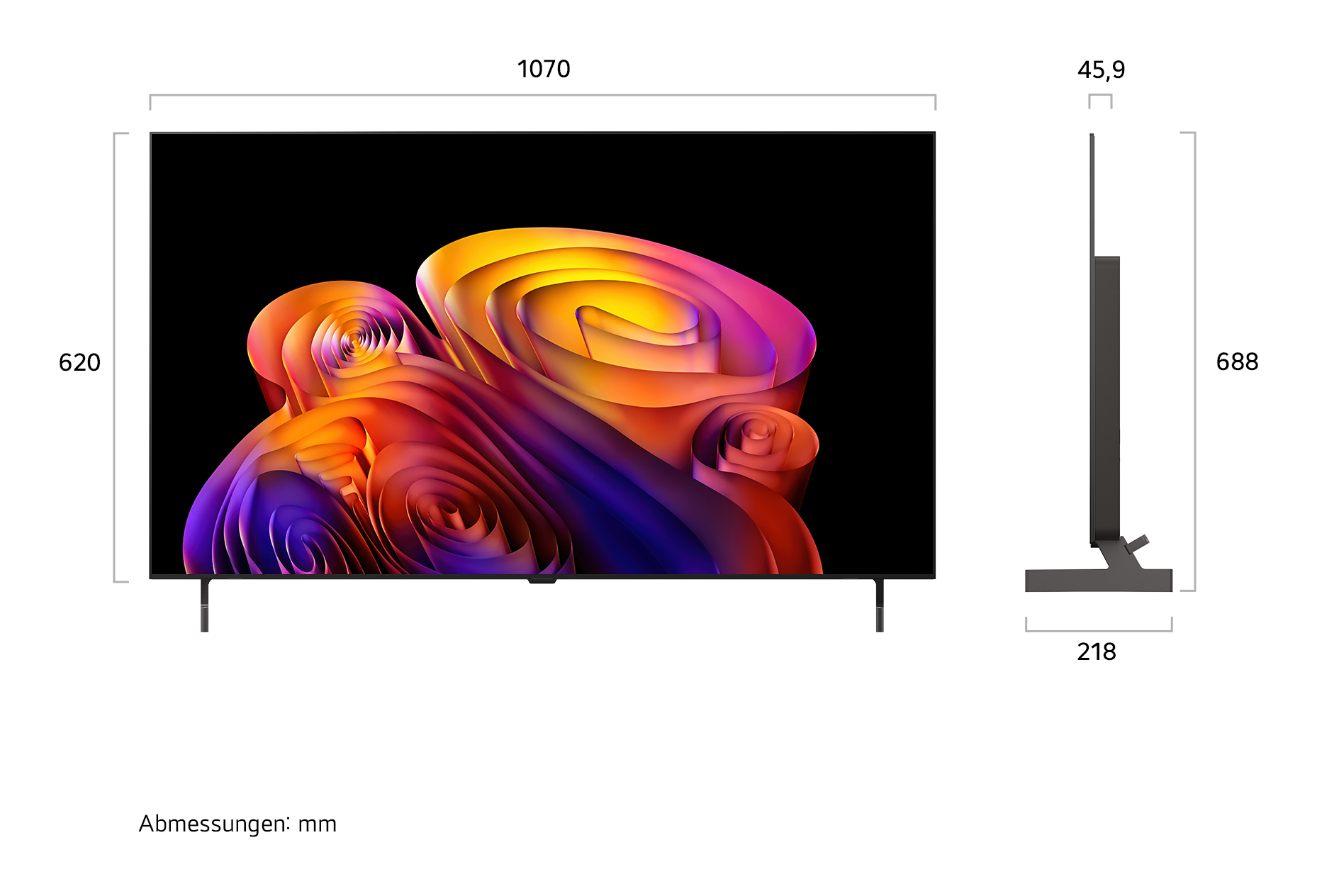 Dibujo técnico de un televisor con vistas frontal y lateral, incluyendo dimensiones en milímetros.
