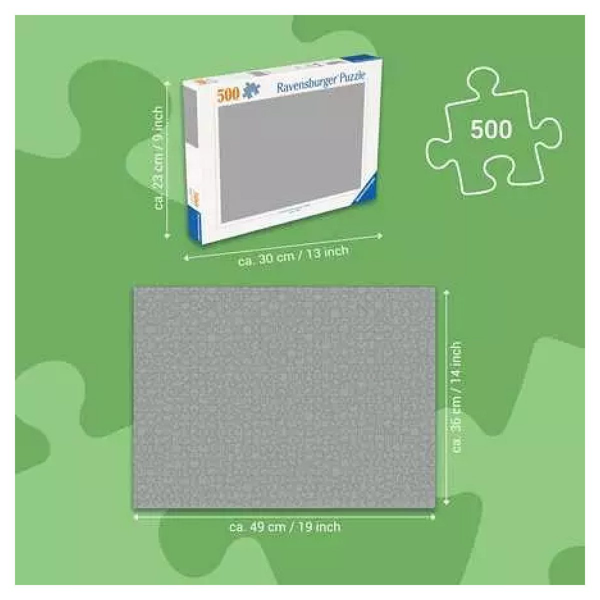 Ravensburger 500-teilige Puzzle-Box und Maße des fertigen Puzzles auf grünem Hintergrund.