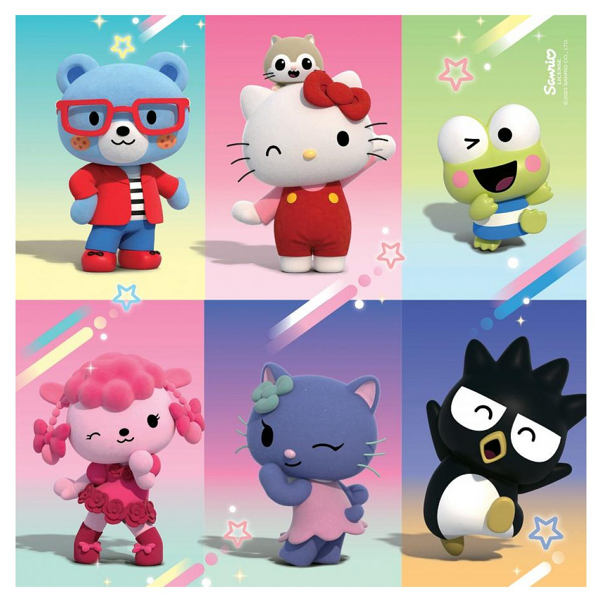 Seis coloridos personajes de Sanrio, como Hello Kitty y Keroppi, sobre un fondo de colores con estrellas.