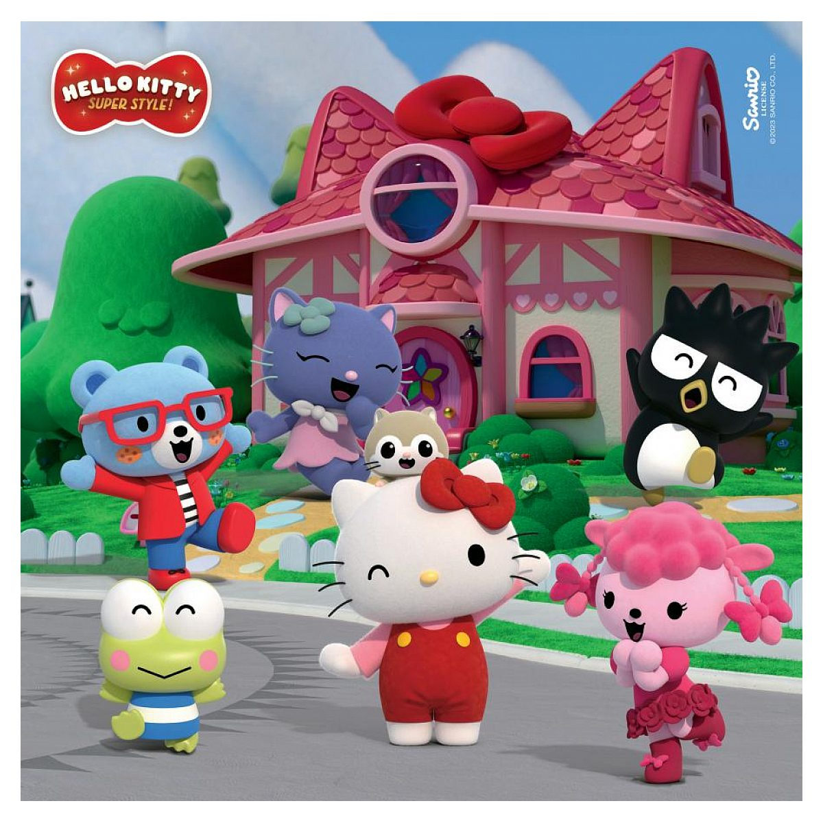 Hello Kitty y amigos animales animados frente a una casa rosa.