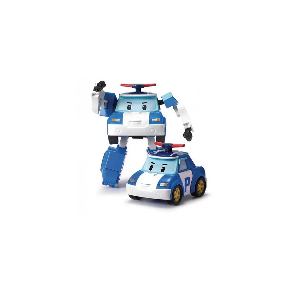 Un coche de policía de juguete azul y blanco y su transformación en robot sobre fondo blanco.