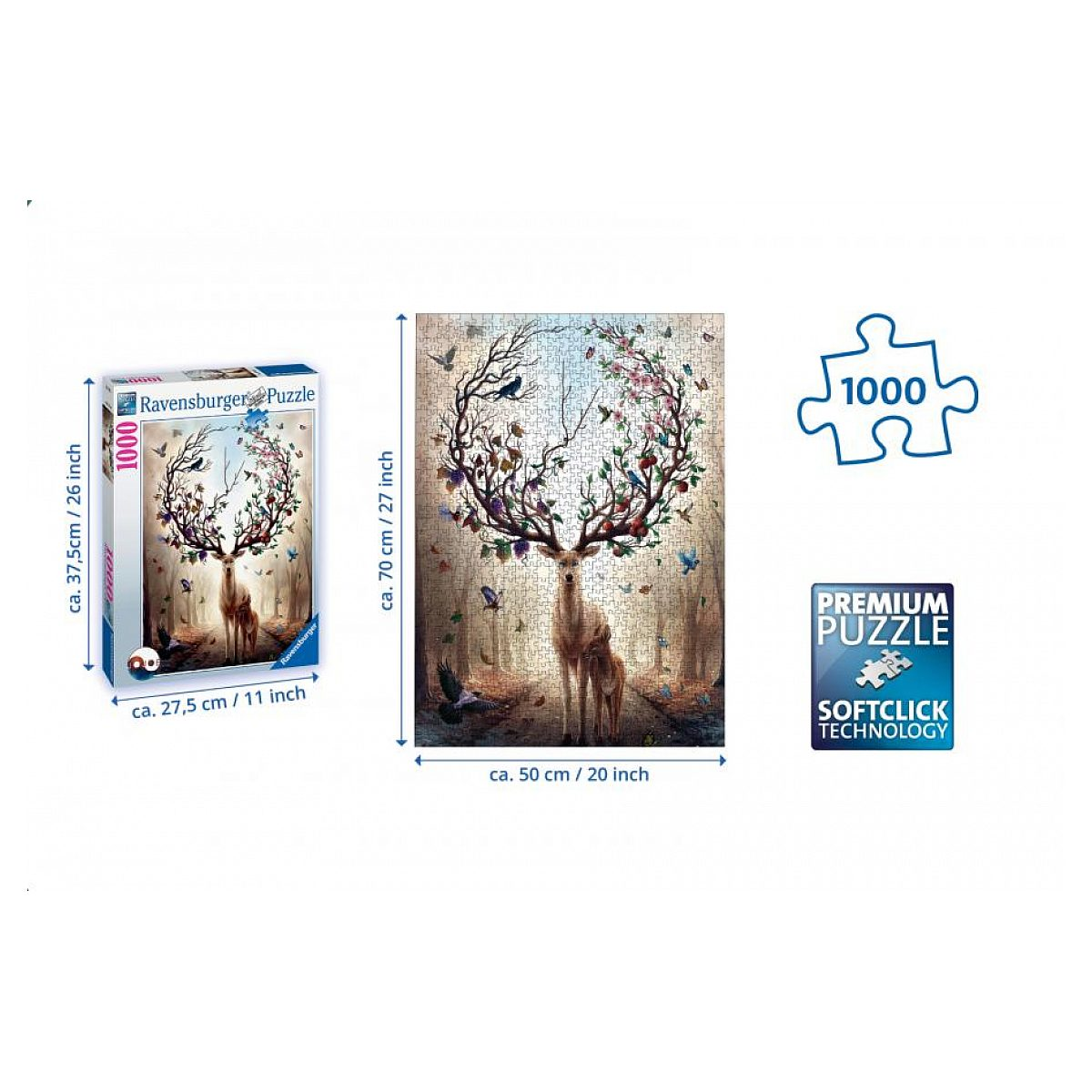 Ravensburger 1000-teiliges Puzzle mit einem Hirsch im Wald, dessen Geweih aus Bäumen und Blumen besteht.
