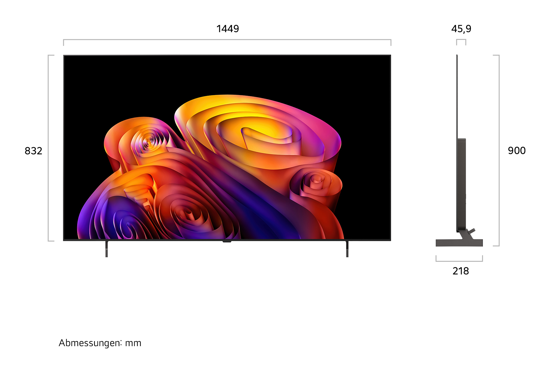Disegno tecnico di un televisore a schermo piatto con dimensioni in millimetri per altezza, larghezza e profondità.