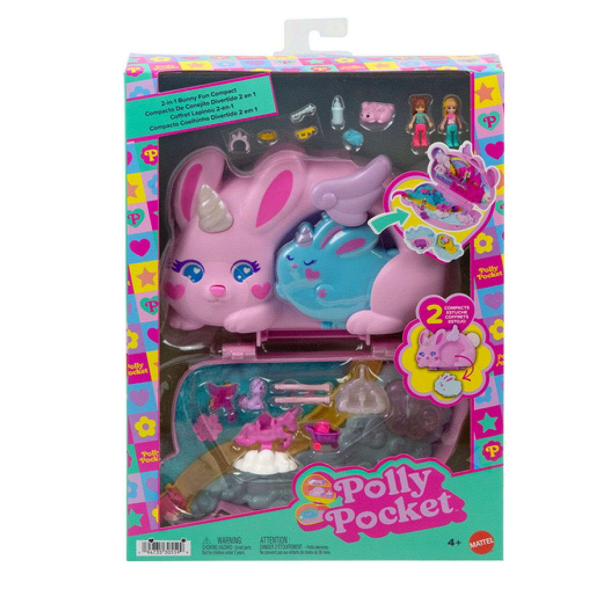 Polly Pocket Hasen-Spaß Kompakt-Spielset in Verpackung mit rosa und blauen Hasen-Etuis, zwei Minipuppen und Zubehör.