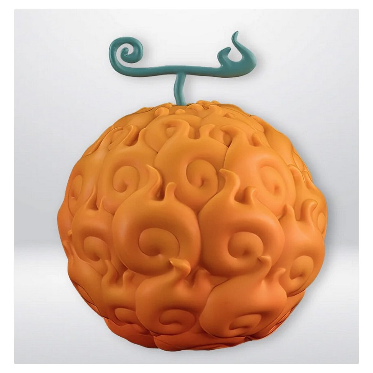 Eine orangefarbene Teufelsfrucht mit geschwungenen Mustern und einem türkisen Stiel auf weißem Hintergrund.