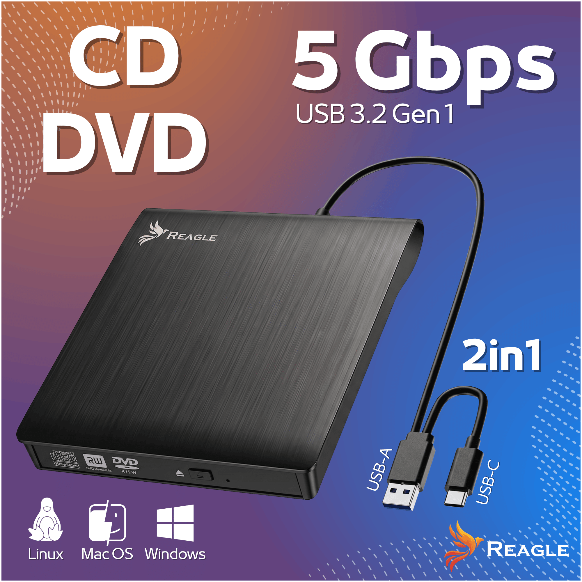 Schwarzes externes CD/DVD-Laufwerk mit USB-A- und USB-C-Kabel vor einem blau-roten Hintergrund.