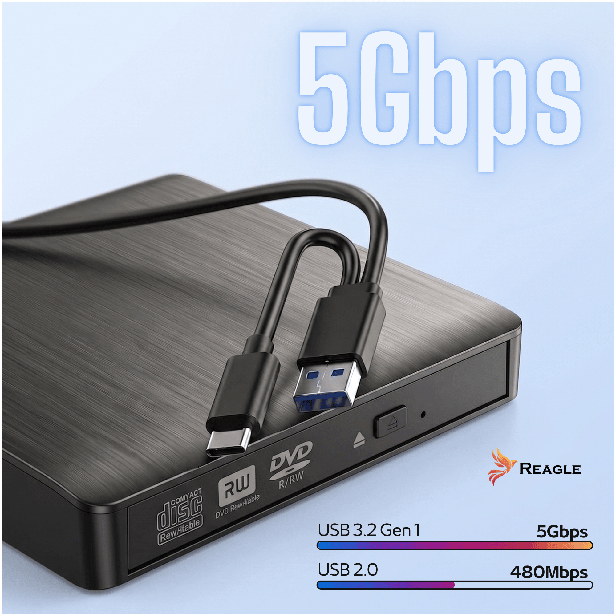 Ein schwarzes externes DVD-Laufwerk mit USB-Kabel und Reagle-Logo auf blauem Hintergrund.