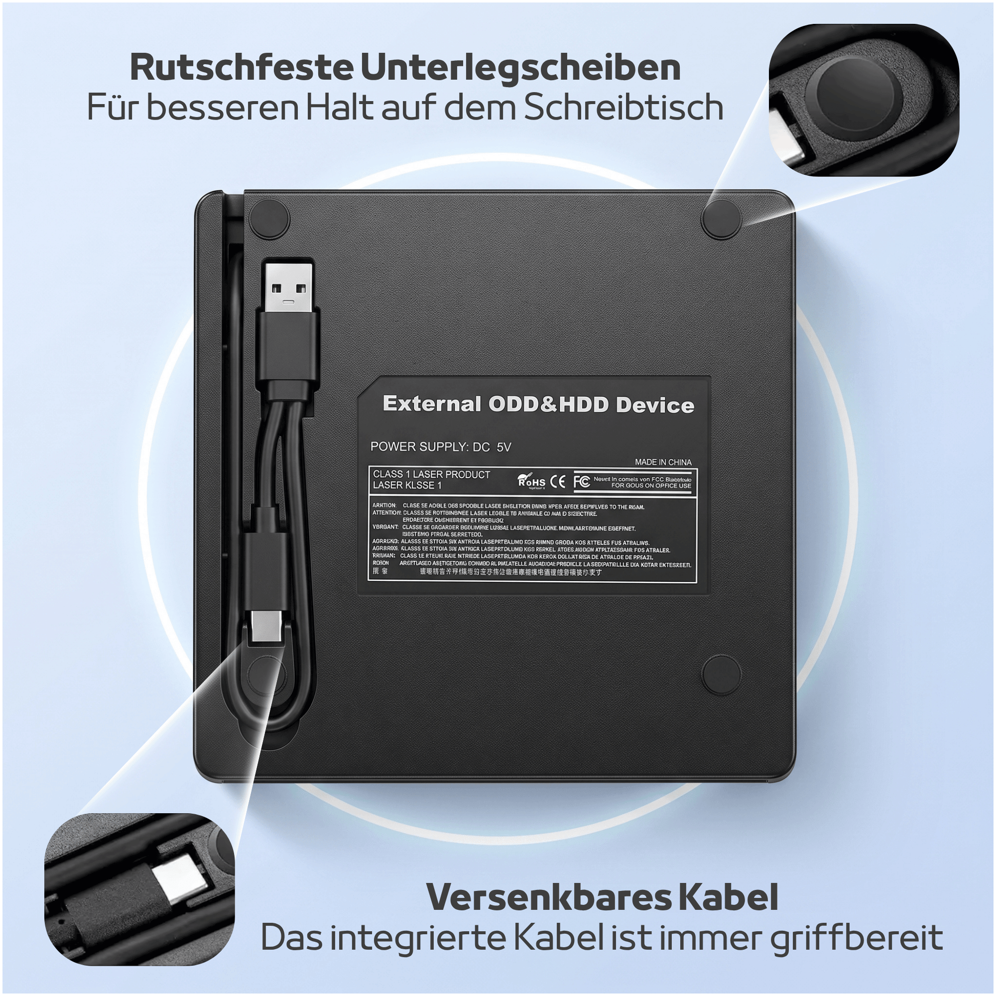 Unterseite eines externen ODD und HDD Geräts mit integriertem Kabel und rutschfesten Pads.