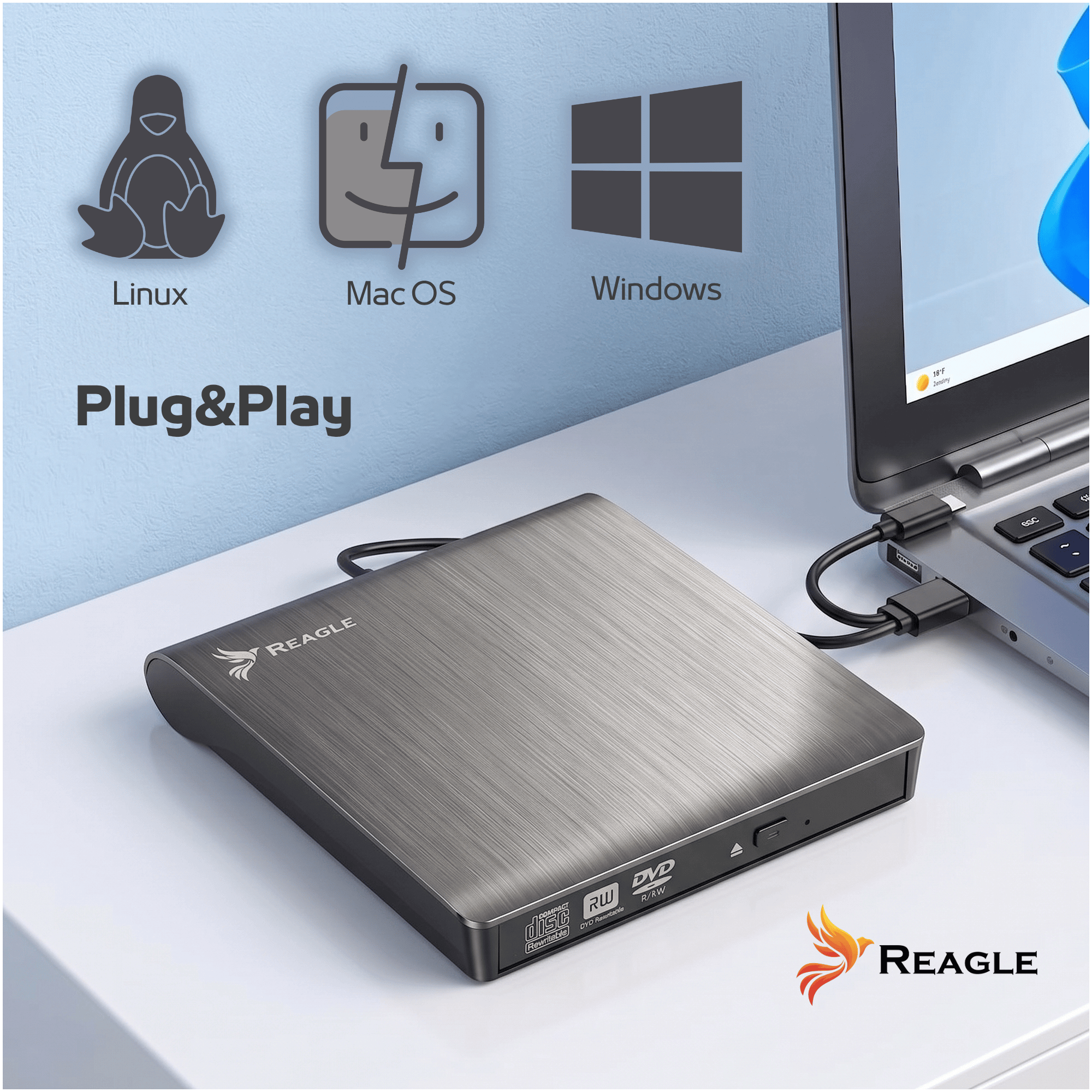 Ein silbernes Reagle CD/DVD-Laufwerk verbunden mit einem Laptop, kompatibel mit Linux, Mac OS und Windows.